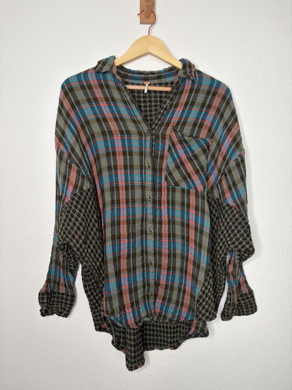 Free People One Of The Guys Patchwork Plaid Button Up Top Size Small 90s Grunge